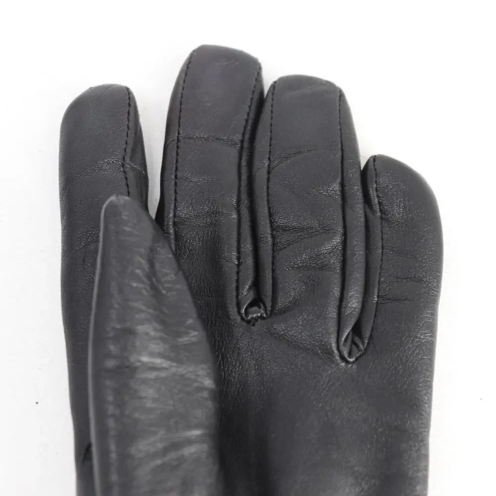 PE Real Leather Gloves Women Large Black Leather Lined Stretch Wrist Grommet